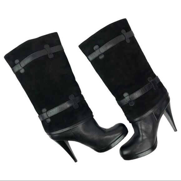 Cole Haan Kennedy Leather Suede High Heel Nike Air Boots Buckles in Black 6.5 - Picture 3 of 14